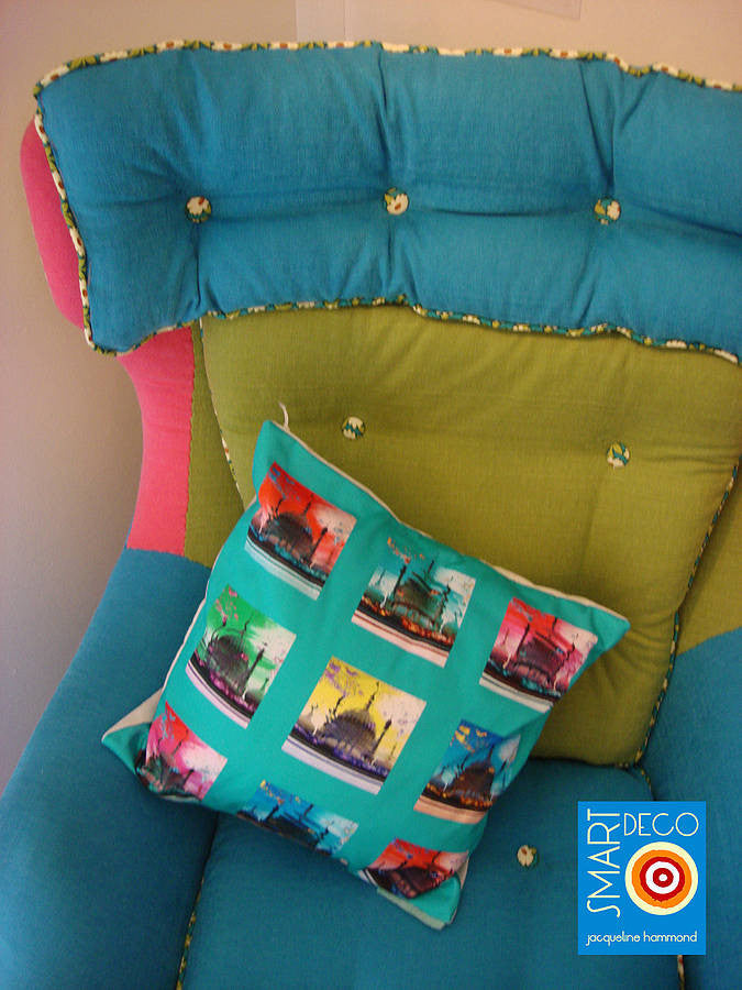 Pop Art Acid Pavilion Print Cushion Cover - Aqua  Smart Deco Homeware Lighting and Art by Jacqueline hammond