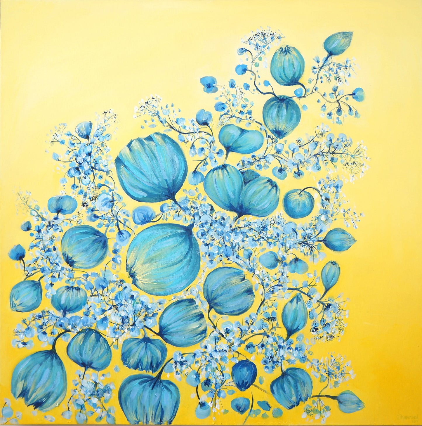 Painting-Growing China Blue Onions - Blooms on Mellow Yellow Smart Deco Homeware Lighting and Art by Jacqueline hammond