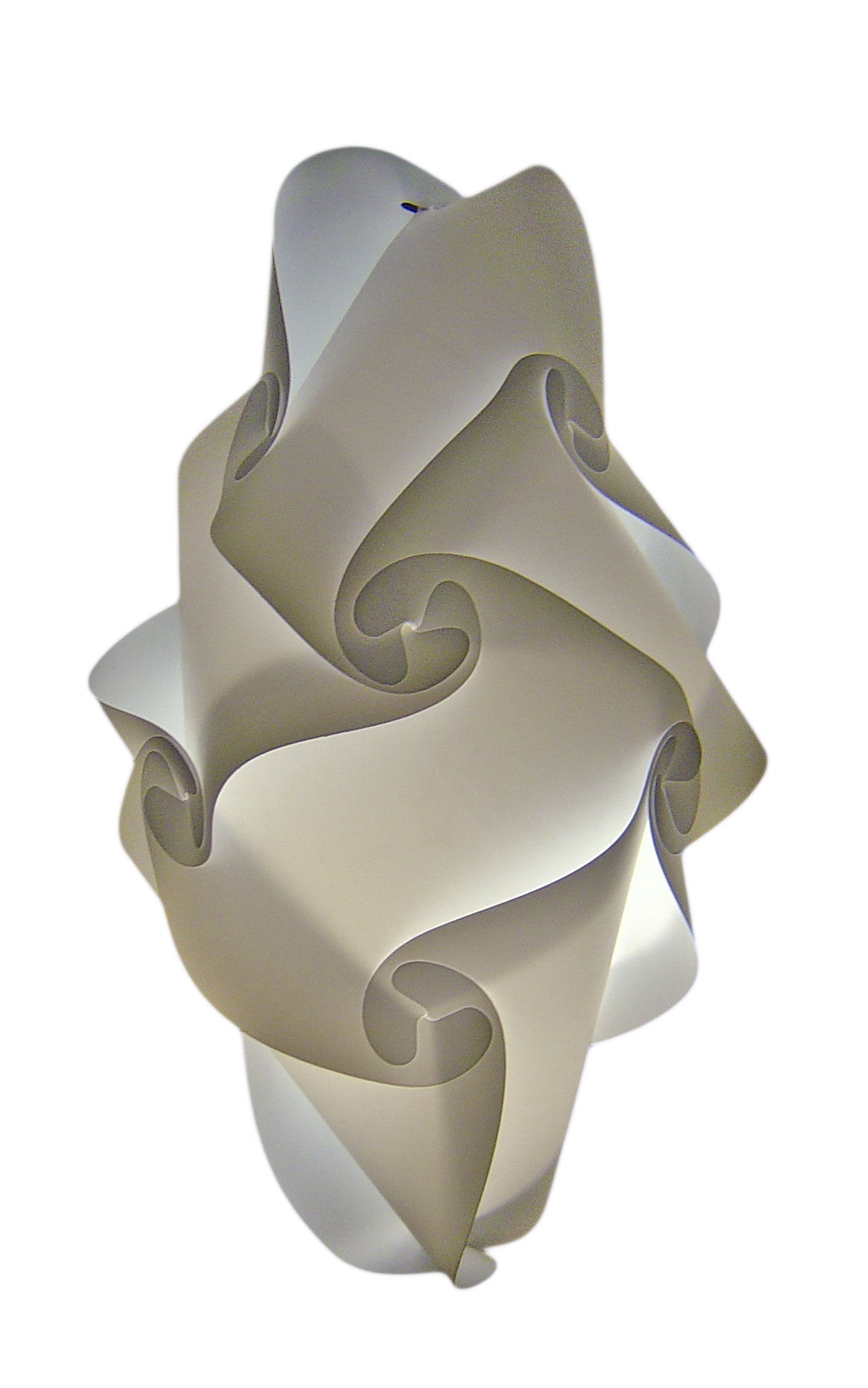 Elegant white and gray ceiling pendant lampshade with swirling, sculptural design for modern home interior decor.