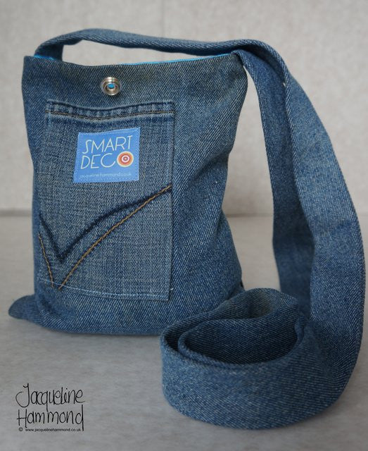 Upcycled Denim and Poppy Print Hand Bag Smart Deco Homeware Lighting and Art by Jacqueline hammond