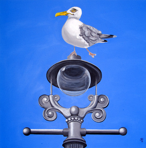 Seagull on a Lamp Post painting Smart Deco Homeware Lighting and Art by Jacqueline hammond