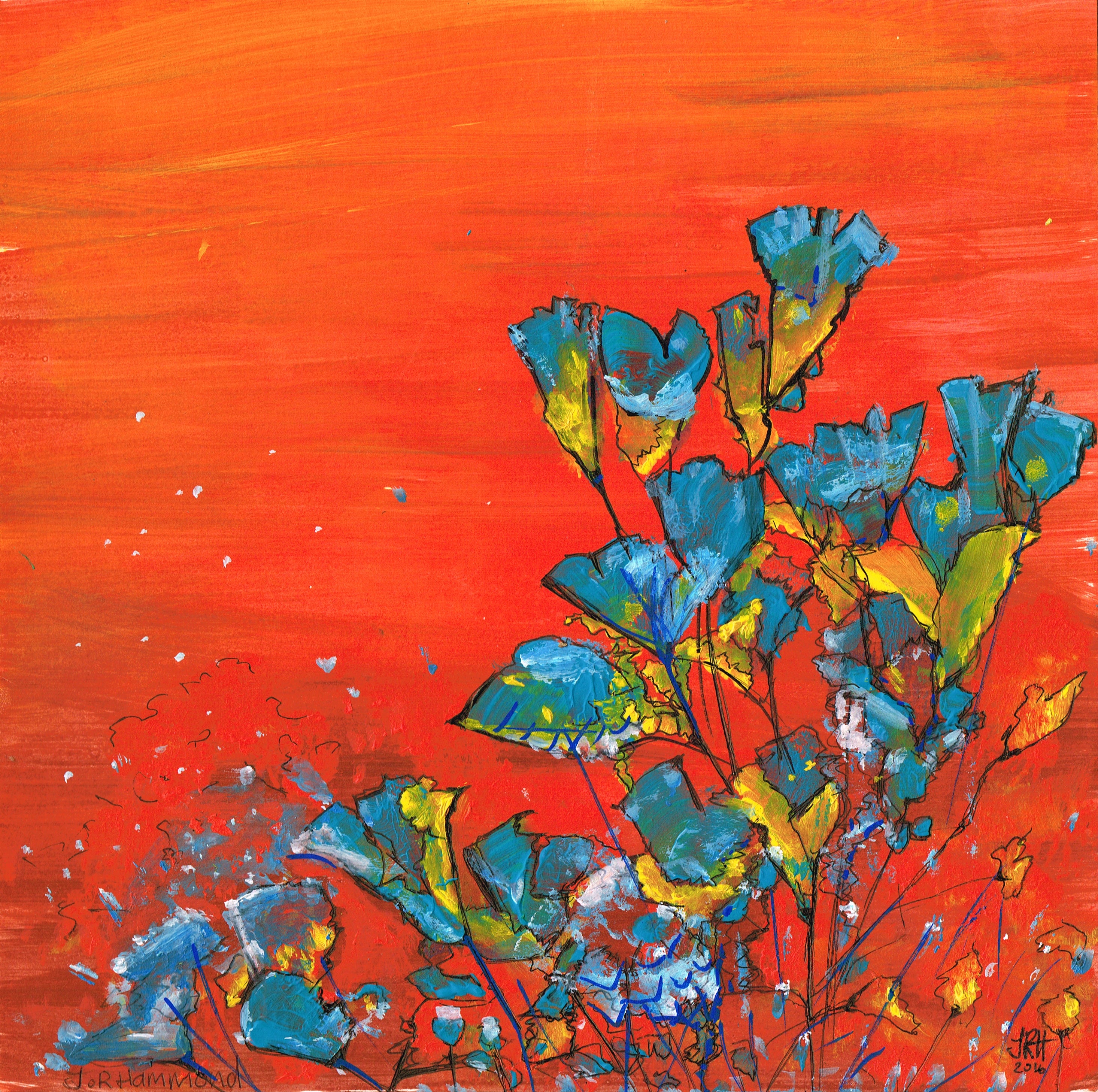 Painting - Blooming Flowers Abstract Blues on Red SOLD  Smart Deco Homeware Lighting and Art by Jacqueline hammond