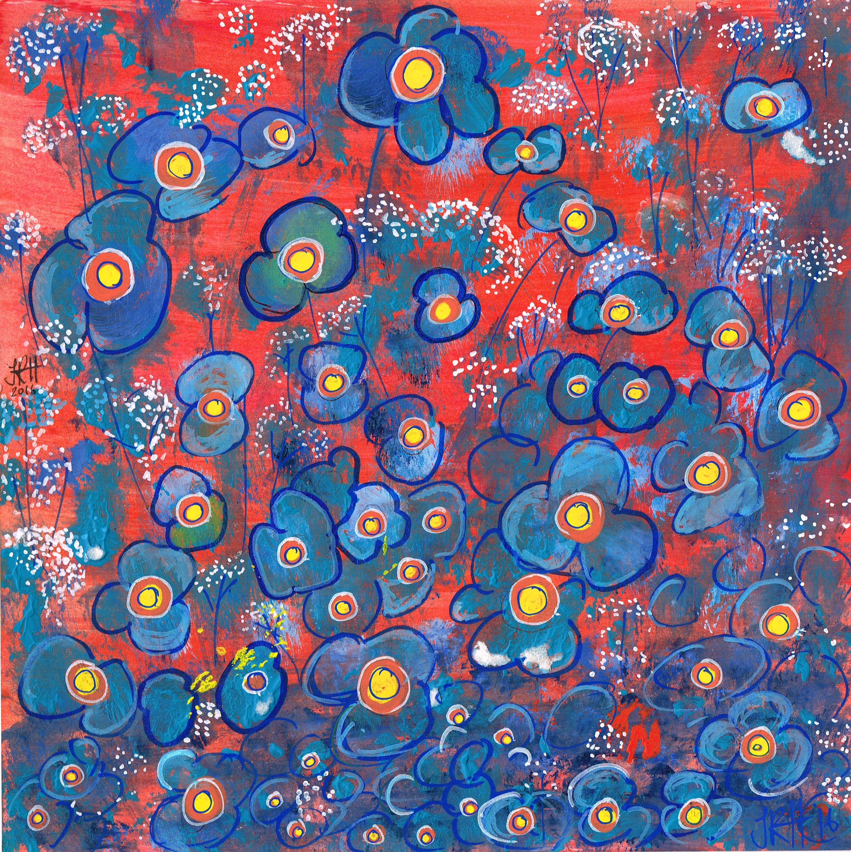 Painting - Blooming Flowers - Primary Modern Blue on Red  Smart Deco Homeware Lighting and Art by Jacqueline hammond
