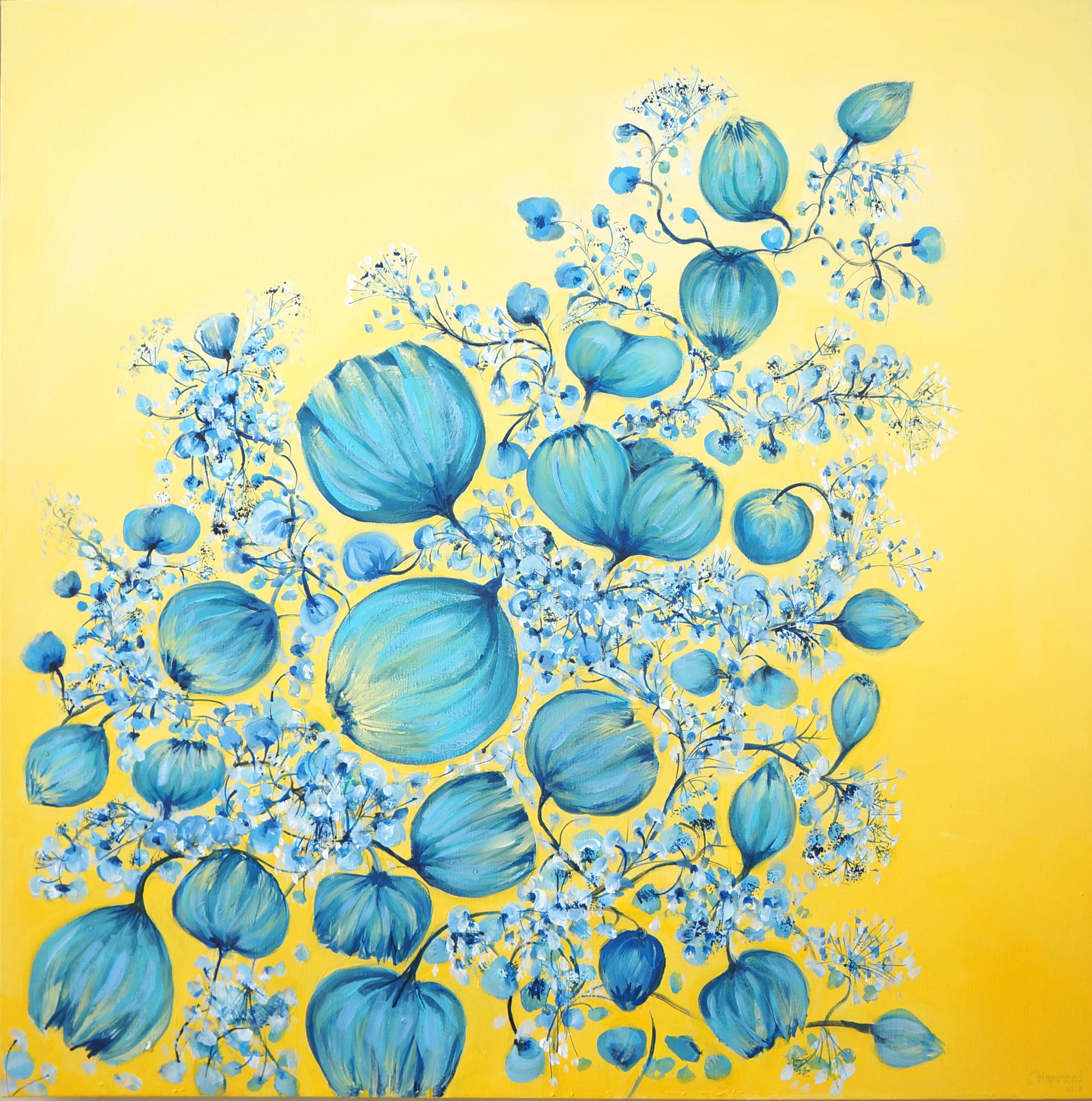 Painting-Growing China Blue Onions - Blooms on Mellow Yellow  Smart Deco Homeware Lighting and Art by Jacqueline hammond