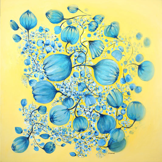 Painting -  Growing China Blue Onions - Blooms on Mellow Yellow Two  Smart Deco Homeware Lighting and Art by Jacqueline hammond