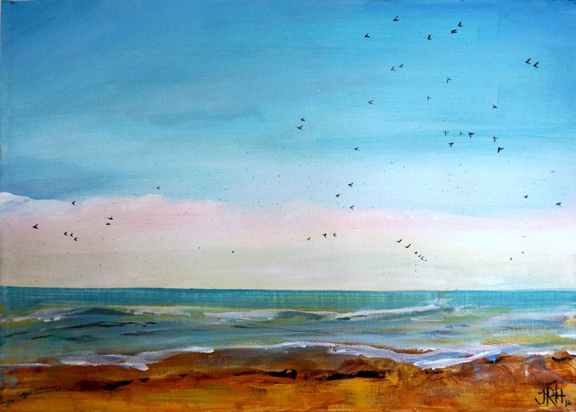 Original Painting - Sweet Beach Starlings Seascape  Smart Deco Homeware Lighting and Art by Jacqueline hammond