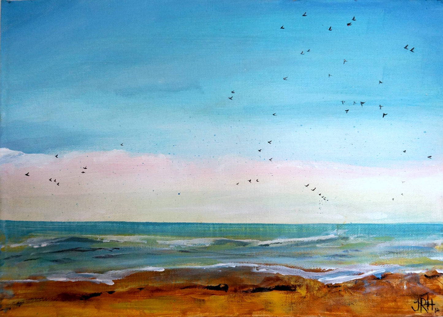 Original Painting - Sweet Beach Starlings Seascape  Smart Deco Homeware Lighting and Art by Jacqueline hammond