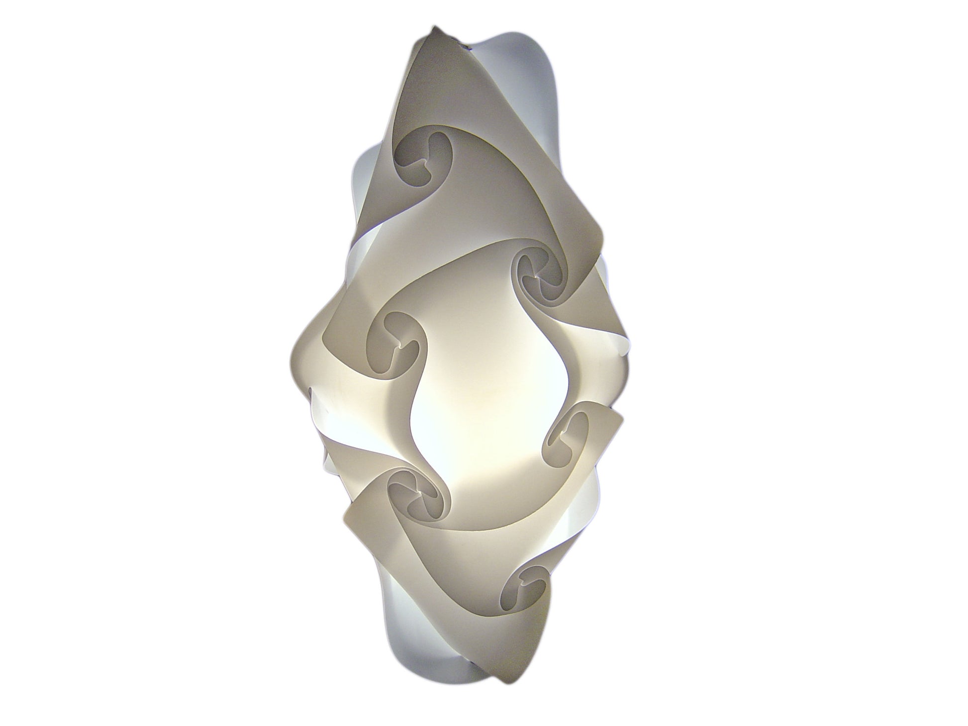 Elegant white spiral lampshade with curved, intersecting panels creating a modern, sculptural design for contemporary lighting.