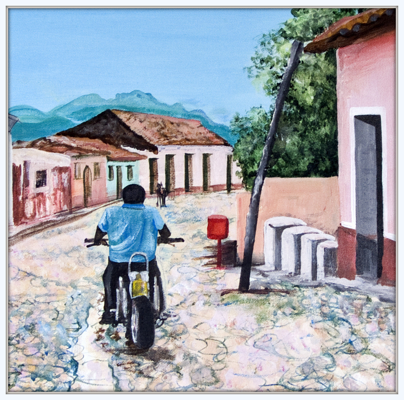 Painting - Man on Motorbike in Trinidad, Cuba  Smart Deco Homeware Lighting and Art by Jacqueline hammond