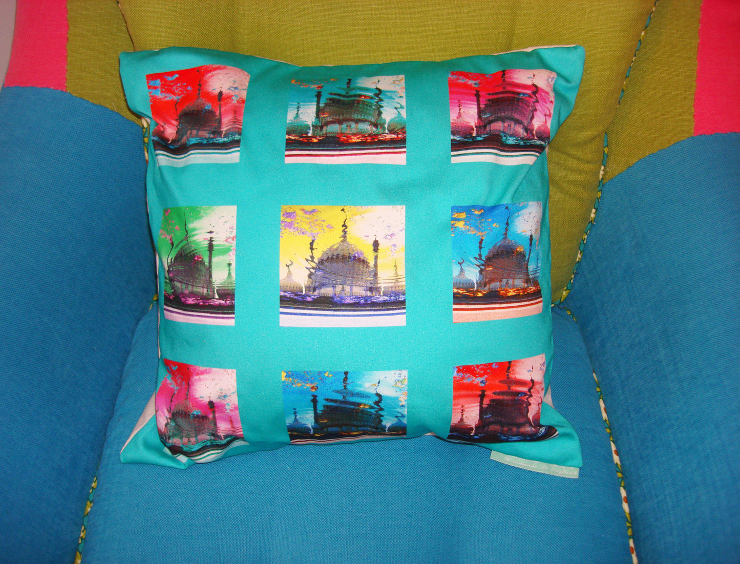 Pop Art Acid Pavilion Print Cushion Cover - Aqua  Smart Deco Homeware Lighting and Art by Jacqueline hammond