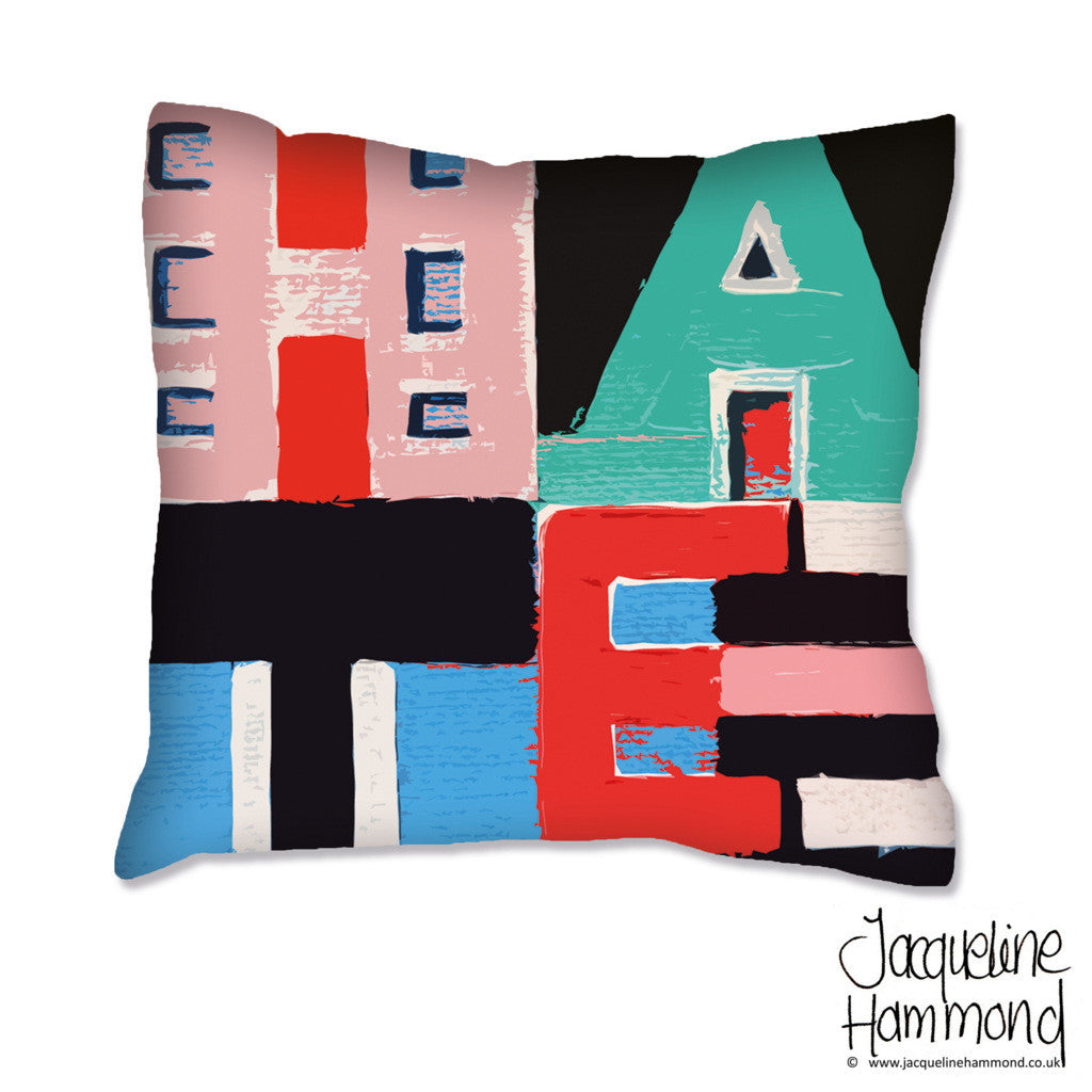 The Love / Hate Double Sided Word Art Cushion  Smart Deco Homeware Lighting and Art by Jacqueline hammond