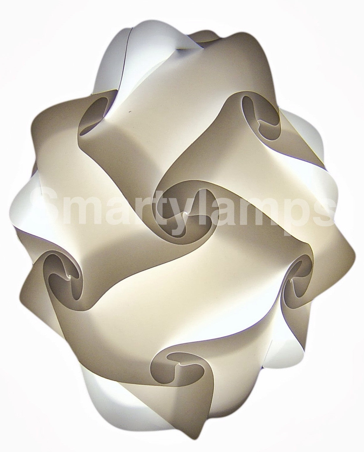 Unique modern white and gray swirled ceiling lamp shade. Geometric, sculptural design with intricate curving lines and folds. Artistic lighting fixture suitable for contemporary or minimalist home decor.