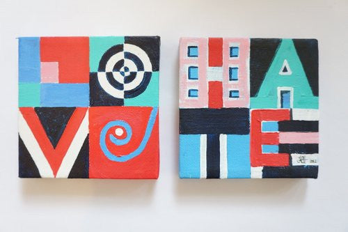 Wordplay and Typography - Love & Hate Diptich  Smart Deco Homeware Lighting and Art by Jacqueline hammond