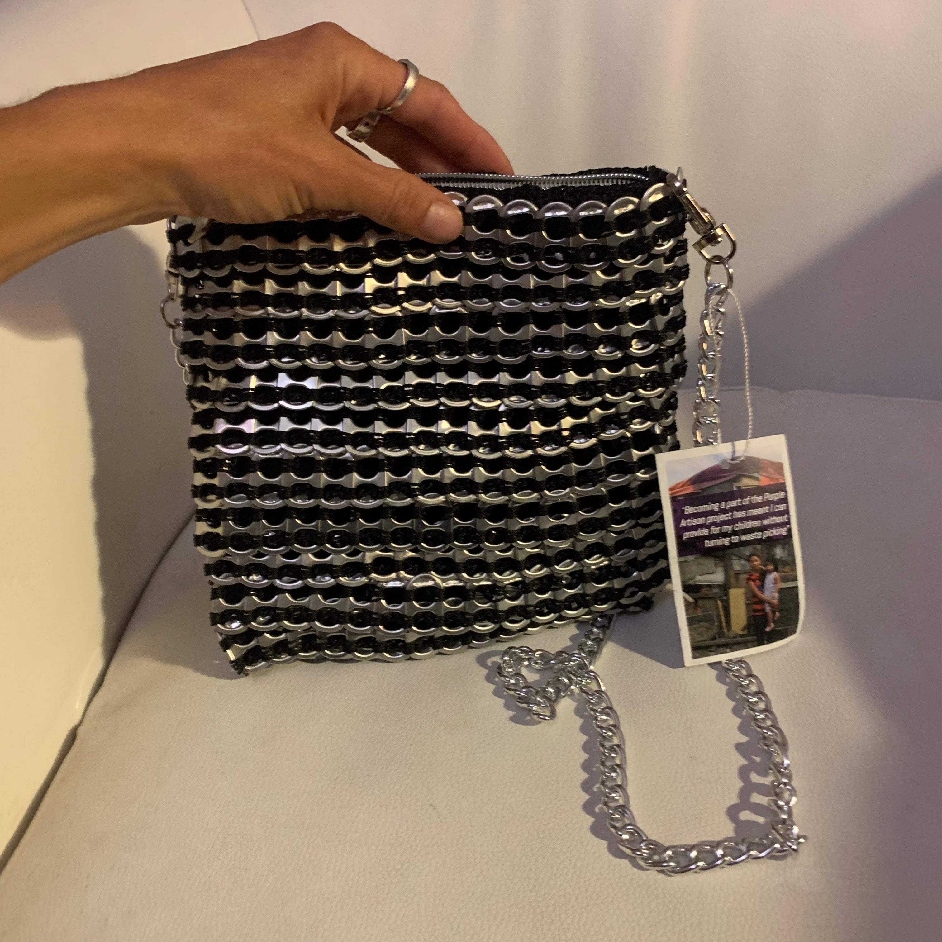 Perry Crochet Cross Body Bag by Soda Pop - Handmade with Metallic Silver Ring-Pulls