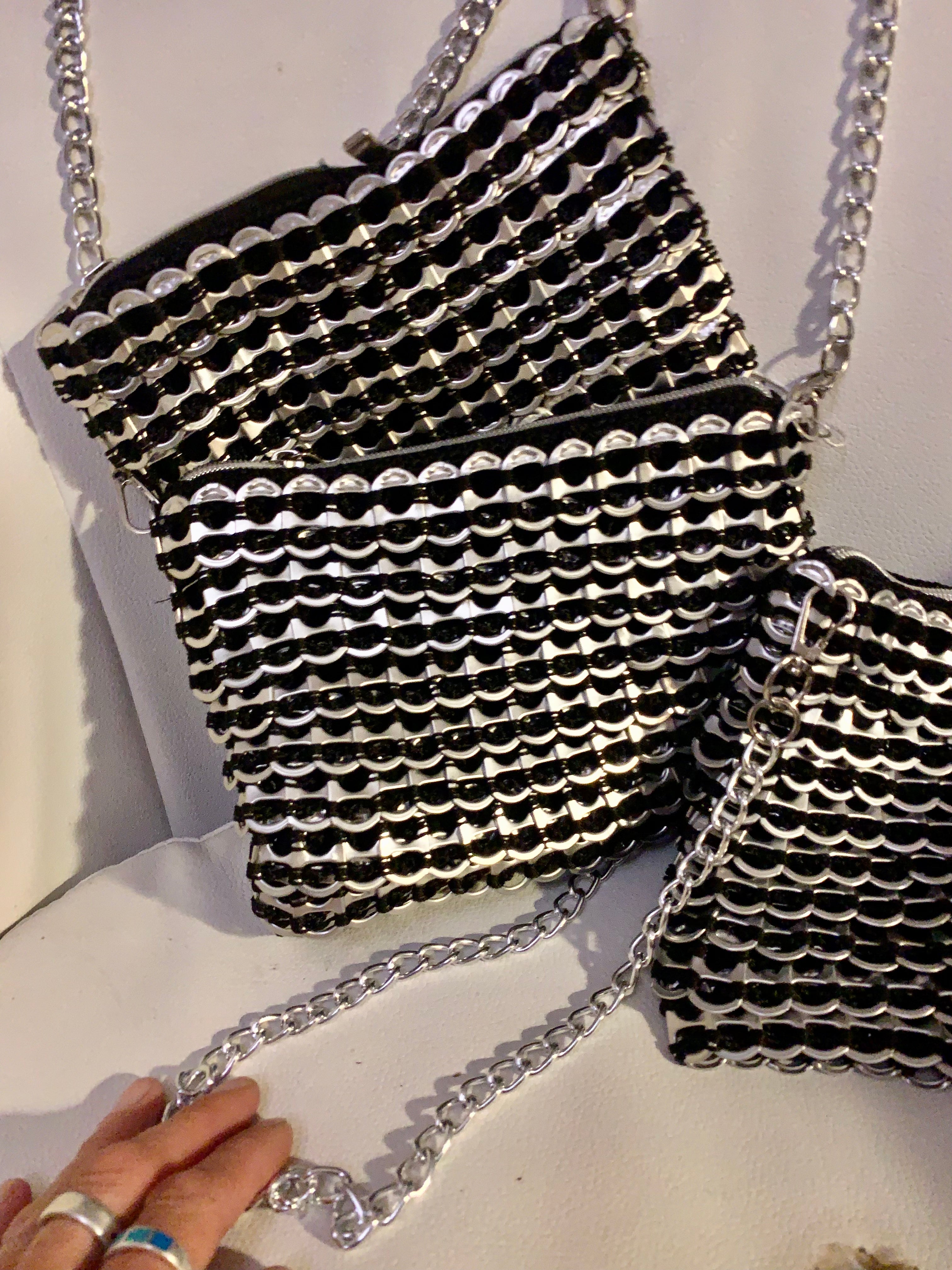 Perry Crochet Cross Body Bag by Soda Pop - Handmade with Metallic Silver Ring-Pulls
