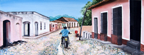 Painting - Man on Motorbike in Trinidad, Cuba  Smart Deco Homeware Lighting and Art by Jacqueline hammond